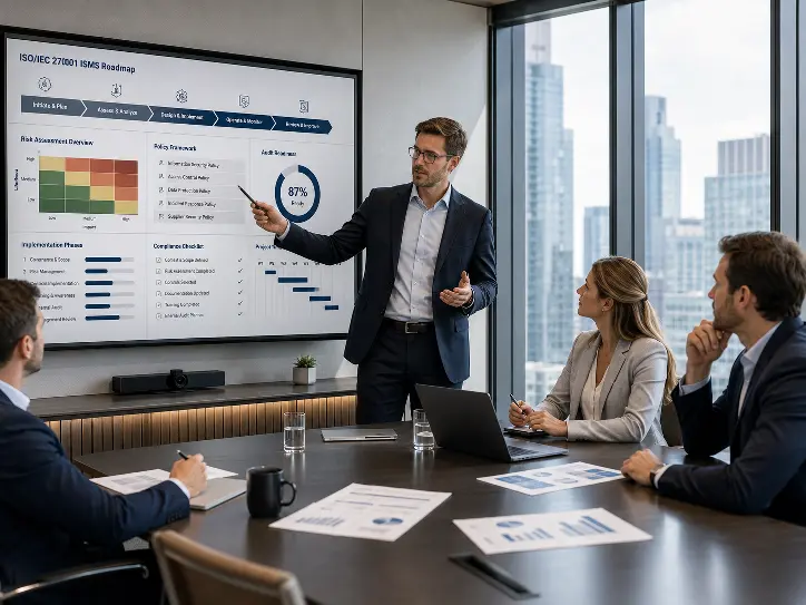 European consulting team presenting an ISO 27001 project in a modern meeting room